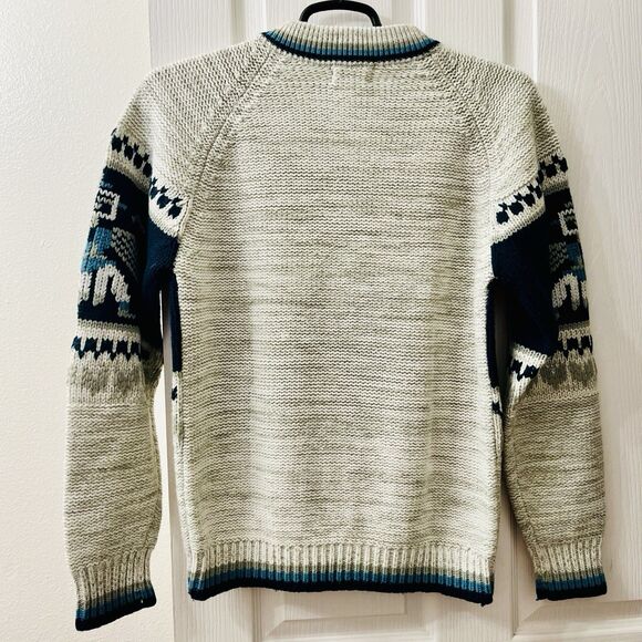 Vtg Gottschalks Men’s Large Cream Blue Sweater Thunderbird Ski Aztec Southwest - Picture 4 of 9